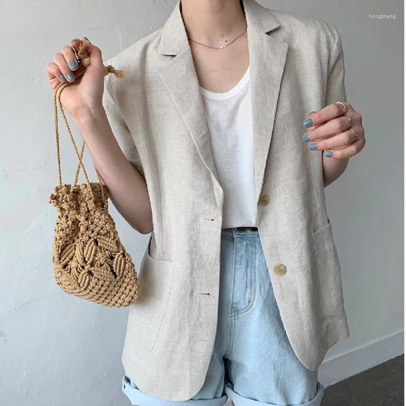 

Women' Suits Minimalism Women Black Casual Linen Blazer Notched Short Sleeve Loose Fit Jacket Fashion Tide Autumn Summer 2023 F0485