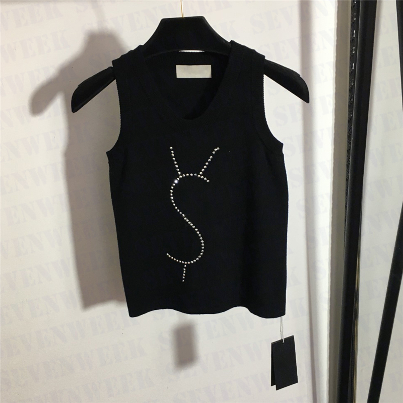 

Rhinestone Letter Knitted Vest T Shirts For Women Designer Sleeveless Knits Tops Summer Short Style Tanks Clothing, Black