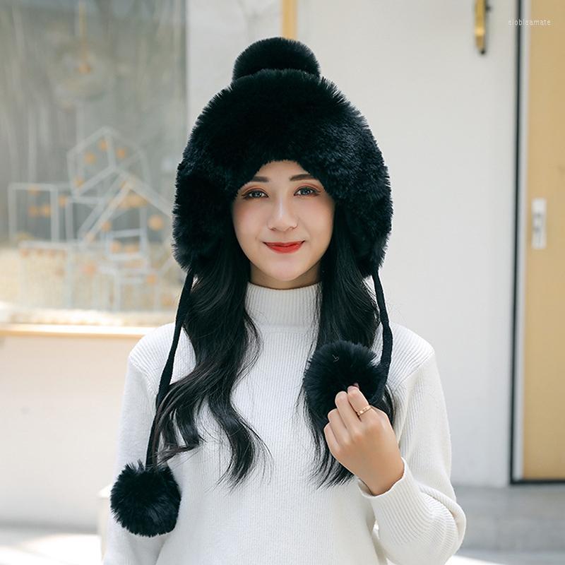 

Beanies Beanie/Skull Caps Outdoor Earflap Hat Wool Knitted Snow Ski Cap Fleece Bomber Trapper Women Faux Fur Pompom Winter Warm High, Black