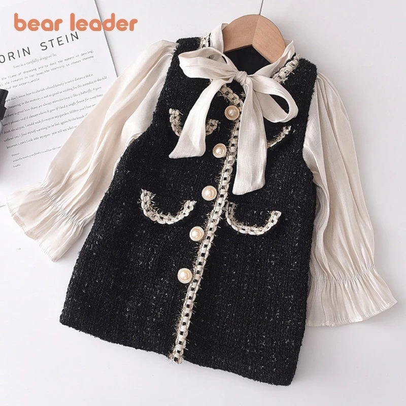 

Girls Dresses Bear Leader Princess Patchwork Dress Fashion Party Costumes Kids Bowtie Casual Outfits Baby Lovely Suits for 2 7Y 230217, Az2628black