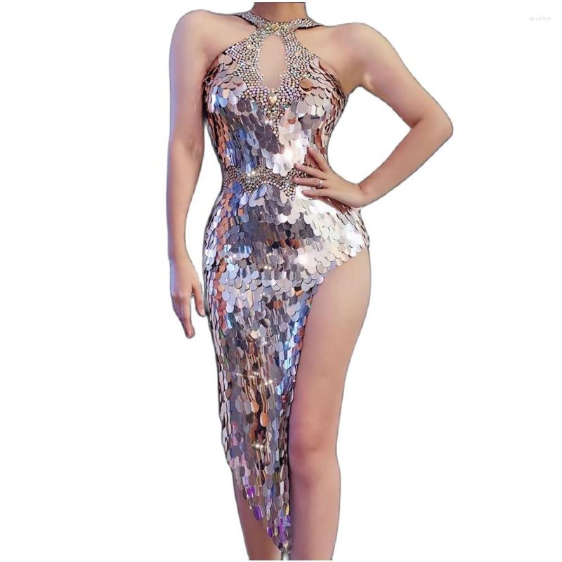 

Stage Wear Sparkly Sequins Latin Dress Women Silvery Mirror Lens Sleeveless Singer DJ Catwalk Costumes Nightclub Party Jazz, Gold