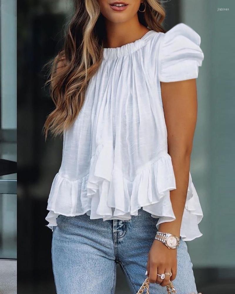 

Women' Blouses Summer Women Ruffles Puff Sleeve Hem Ruched Blouse 2023 Femme Plants Print Decor Short Top Robe Lady Clothing, White