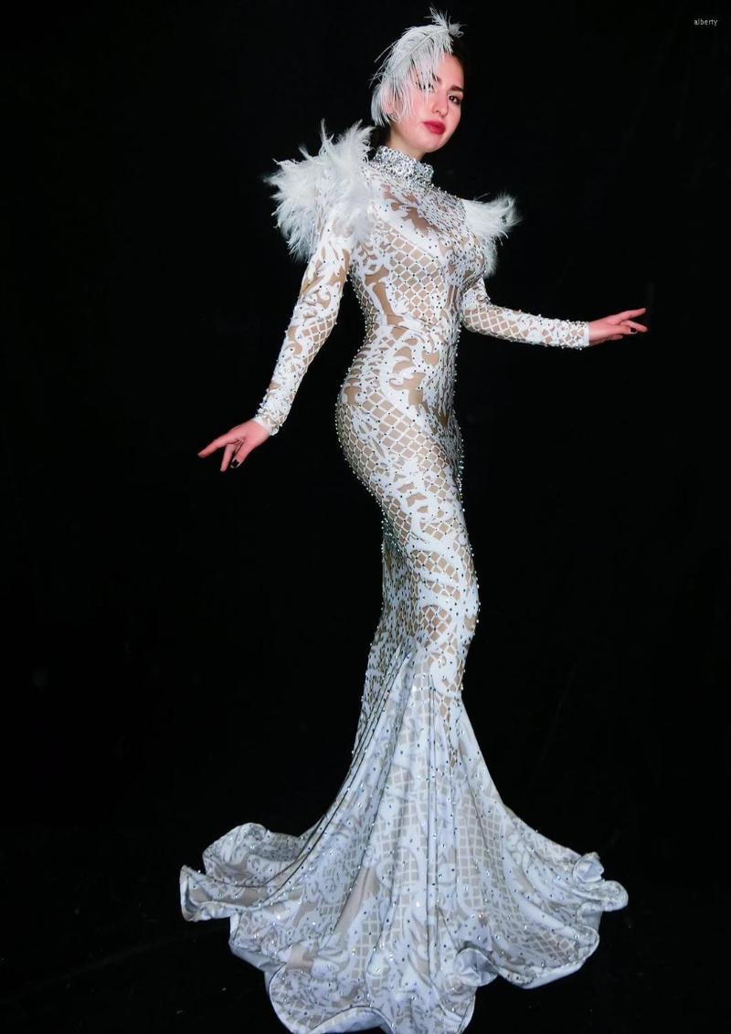 

Stage Wear Sparkly Silver Rhinestone Long Train Dress Women Evening Costume Celebrate Big Tail Dresses Party Sexy Show, Picture shown