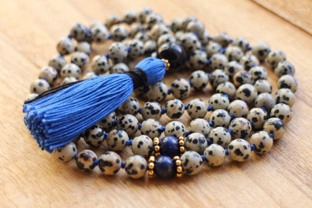

Pendant Necklaces Hand Knotted Dalmatian Jaspers Mala Beads 108 Necklace Meditation Prayer Jewelry Tassel Yoga