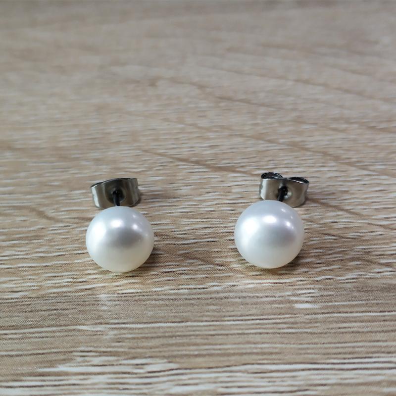 

Stud Earrings Real Titanium Button White Freshwater Cultured Pearl For Women