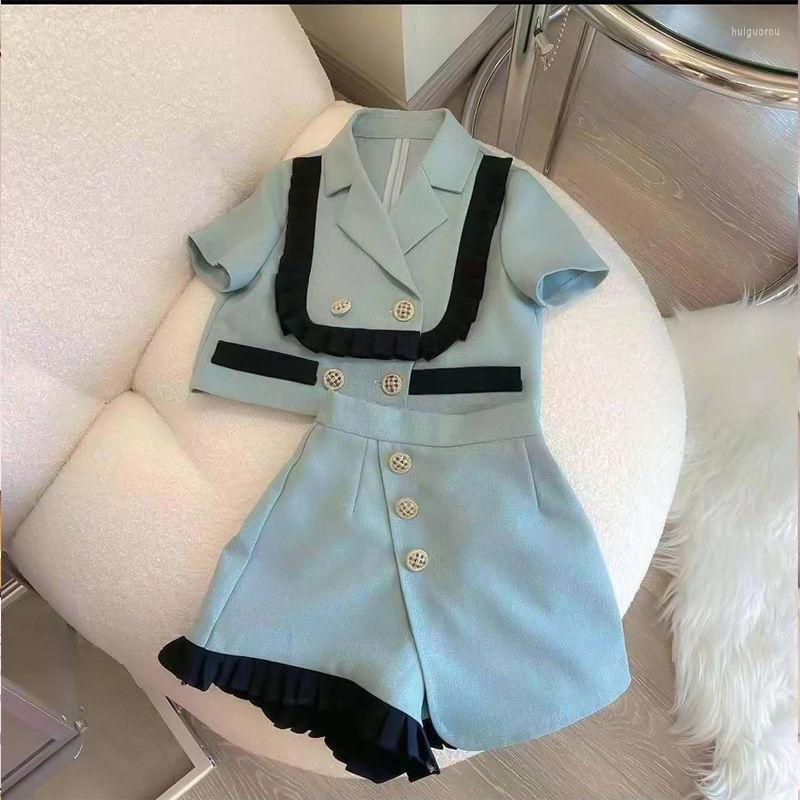 

Women's Tracksuits Mini Irregular Shorts Skirts Korean Double-breasted Suits Short Sleeve Shirt Notched Tops Two Piece Sets Crop Shirts Coat, 2set