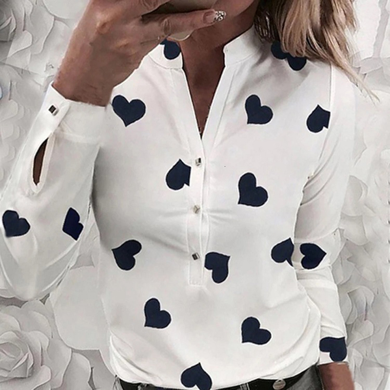 

Women's Blouses Shirts Flower Heart Print Blouse Fashion Spring Summer Casual Long Sleeve V Neck Shirt Ladies Elegant Buttons Dating Tops 230217, White