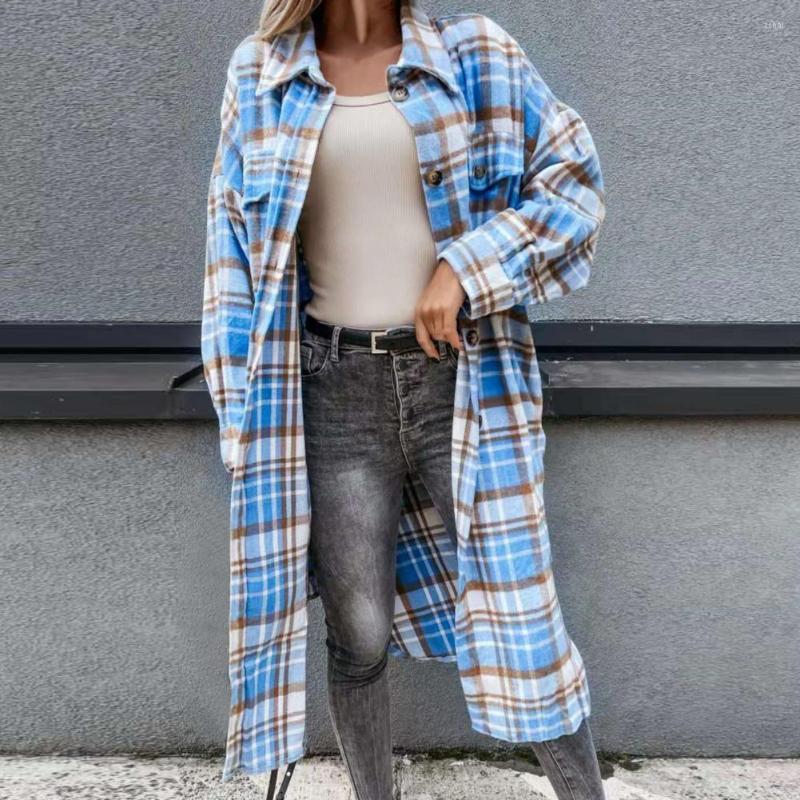 

Women' Blouses Women Coat Single-breasted Long Sleeve Midi Length Lady Plaid Print Split Mid-calf Loose Clothing, Green