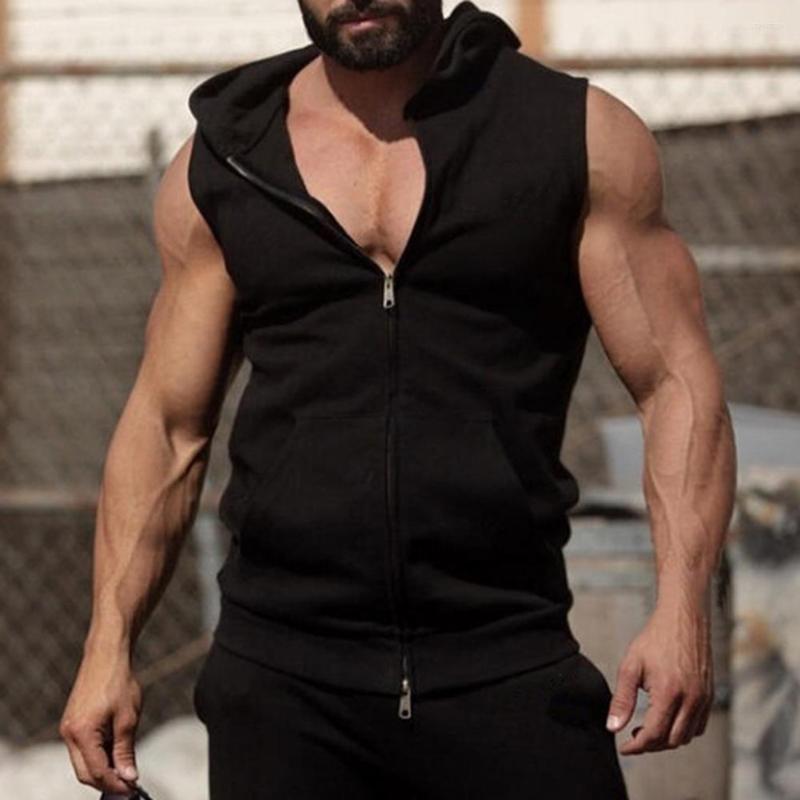 

Men's Tank Tops Trendy Men Hoodie Cardigan Sweatshirt Breathable Hat Hip Hop Sleeveless, Grey