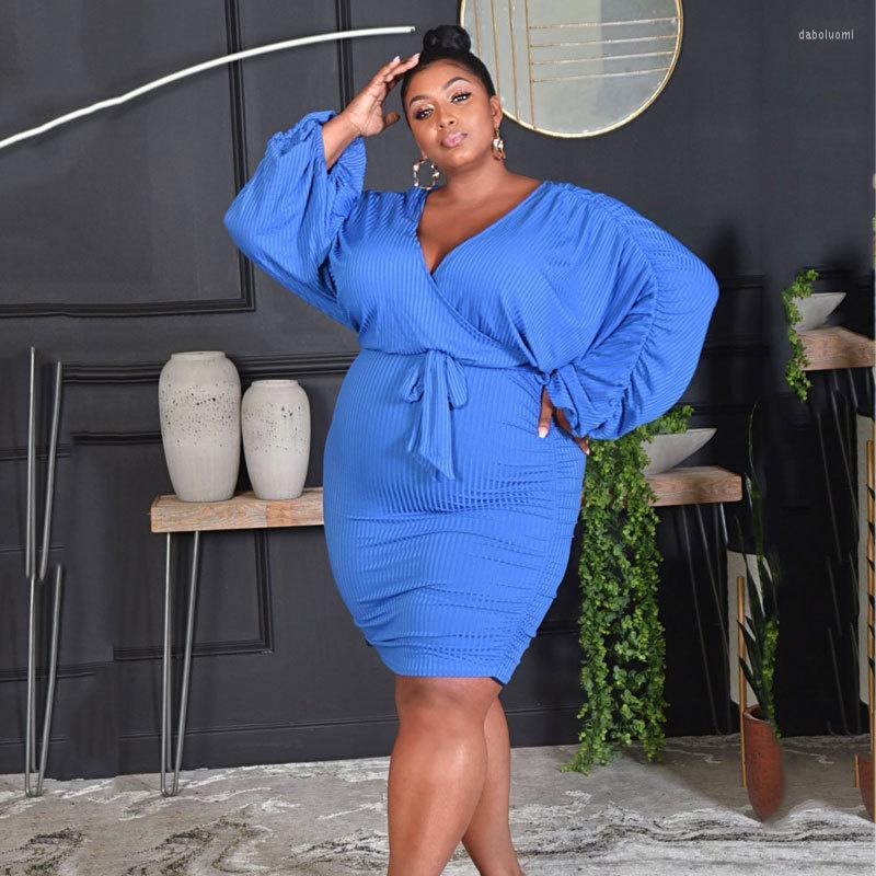 

Plus Size Dresses For Women Fall One Piece Outfits Party Club Slim Long Sleeve Dress With Sashes Stretchy Sexy Blue