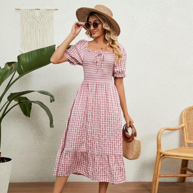 

Casual Dresses Charming Summer Classic Plaid Cocktail Long Dress Midi A-Line Versatile, Black