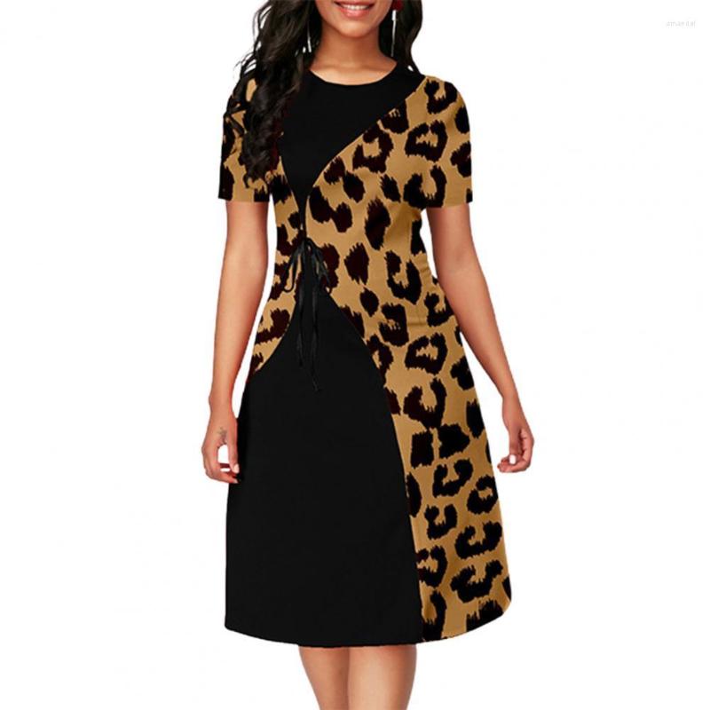 

Party Dresses Casual Summer Dress Leopard Print Patchwork Short Sleeve Contrast Color Elegant, Black