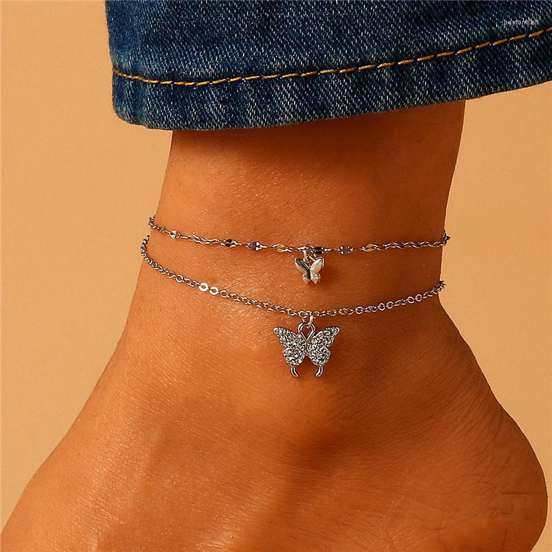 

Anklets Silver Color Shiny Butterfly Anklet For Women Exquisite Double Layer Pendant Fashion Bohemian Barefoot Chain Jewelry 2023 Gift