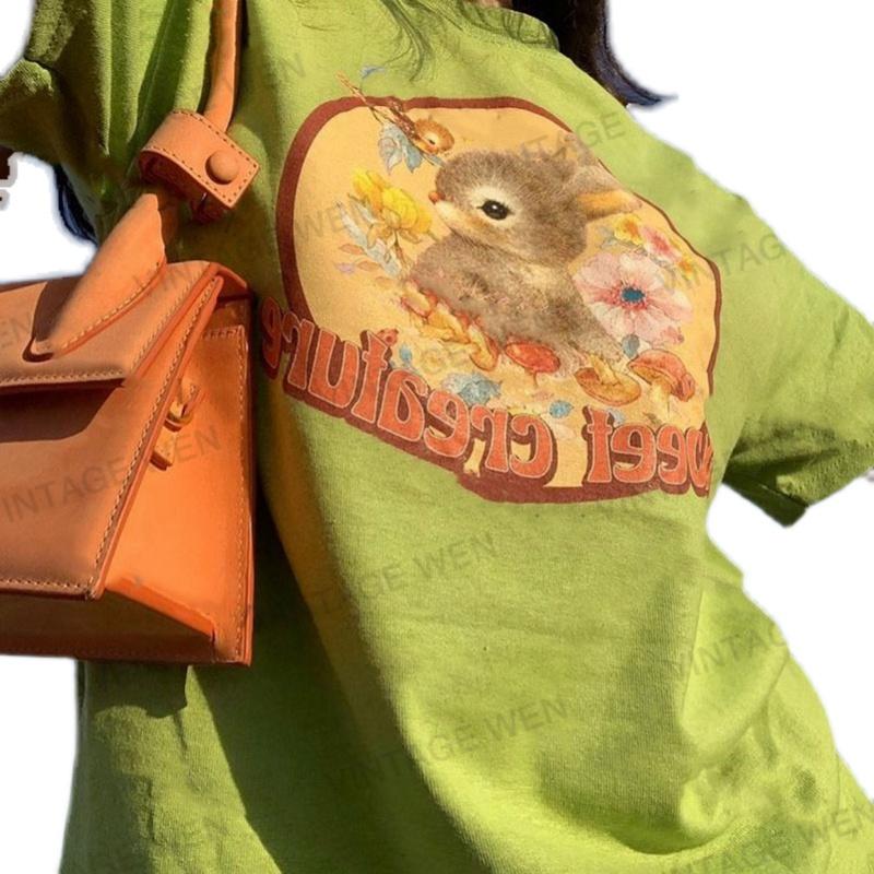 

Women' T Shirts American Retro Fruit Green Cartoon Loose-Fitting Pure Cotton Short Sleeves Summer TopWomen