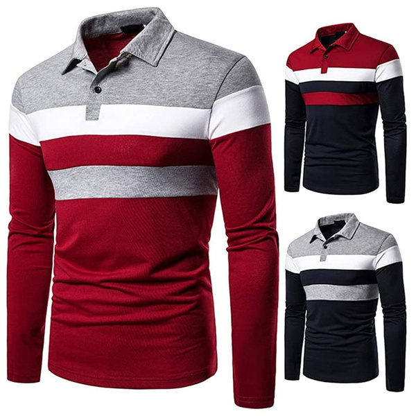 

Men's Polos Men's Long Sleeve Contrasting Colors Polo T-shirt Casual Polo Shirts 230217, Grey red