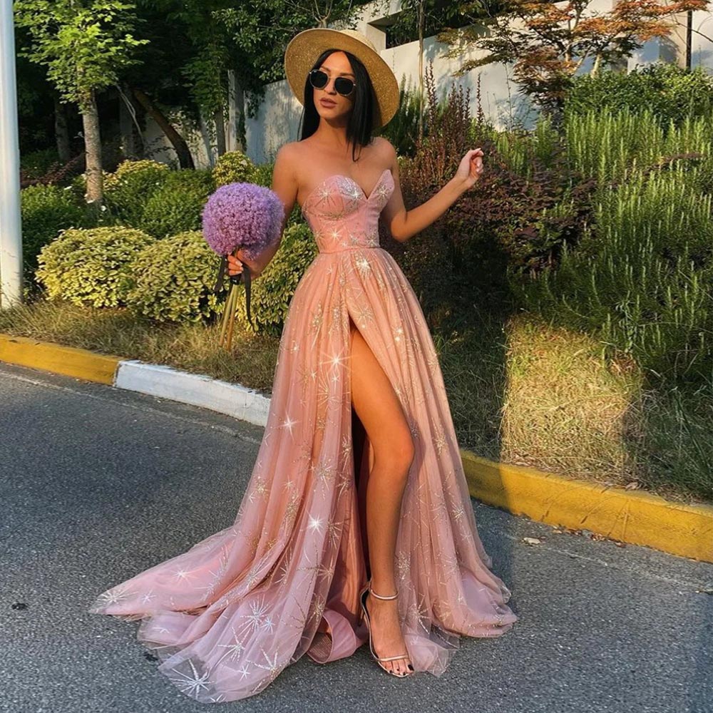 

Sparkly Sequined Prom Dresses Sweetheart Neckline Evening Gowns A Line Side Split Sweep Train Tulle Special Occasion Formal Wear, Water melon