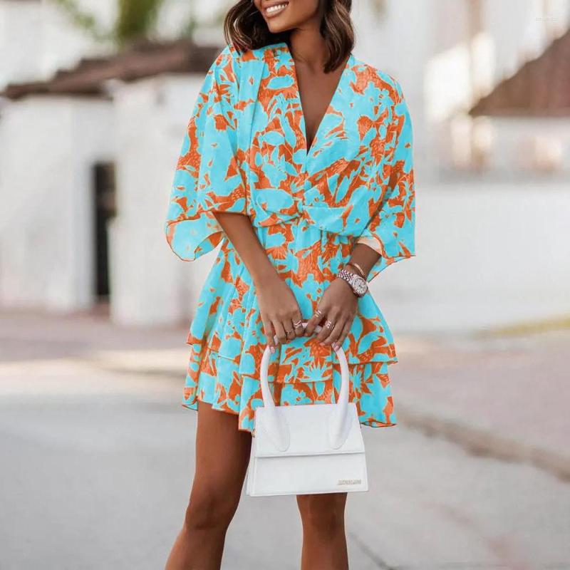 

Party Dresses Summer Casual Drawstring Lace Up Button Dress Women Fashion Graphic Print Loose Sexy V-Neck Batwing Sleeve Mini, Black