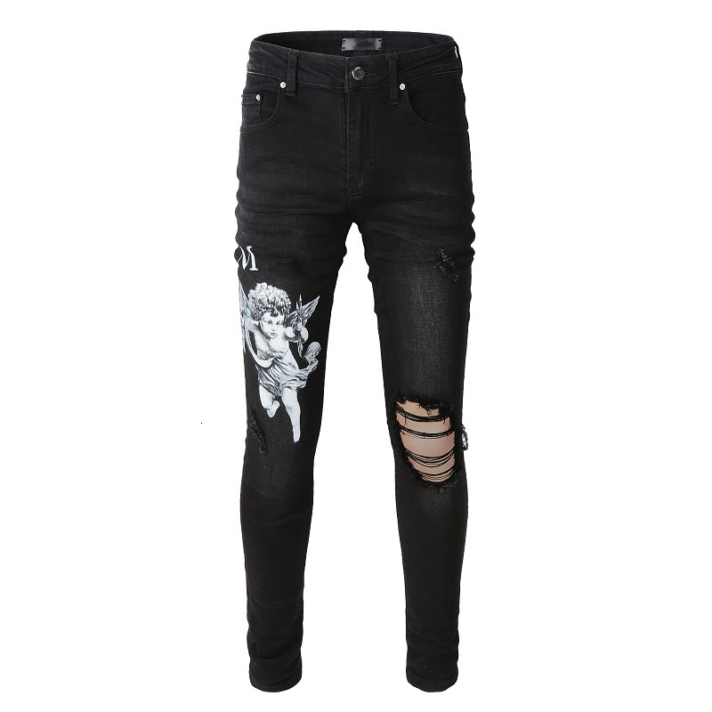 

Men's Jeans Men's Black Streetwear Fashion Slim Fit Hollow Out Damaged Holes Printing Letters Angel Pattern Printed Skinny Stretch Jeans 230217, Number 817