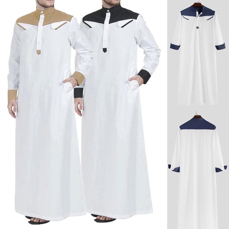 

Ethnic Clothing Traditional Muslim Contrast Color Dress Middle East Jubba Thobe Men Robe W/ Long Sleeves Mandarin Neck