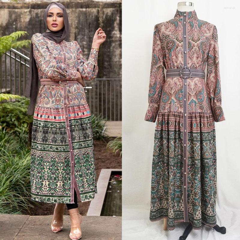 

Ethnic Clothing Elegant Muslim Print Dress For Women Ramadan Eid Mubarak Dresses Abayas Dubai Turkey Islam Vestidos Robe Femme Musulmane