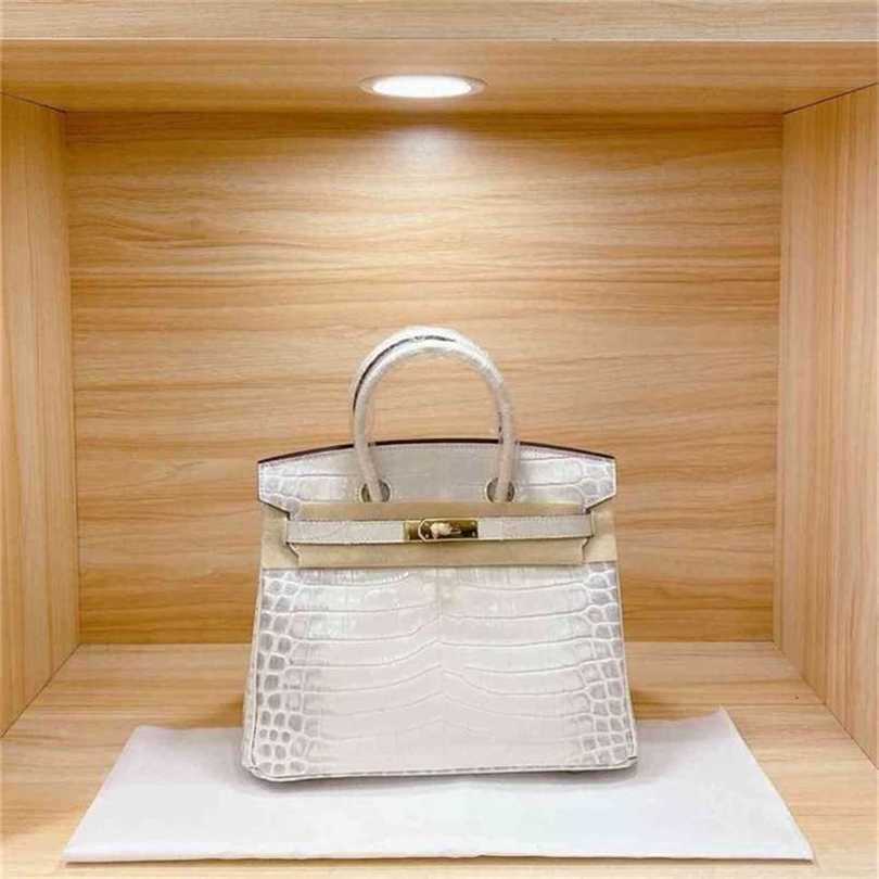 

Top Herme Women Bags Birkin Style White Stewardess Handbag Alligator Pattern Horizontal Square Bag with Cover Summer, 30cm