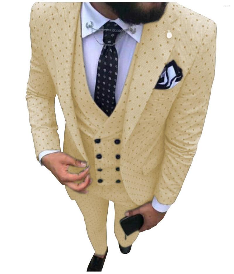 

Men's Suits Champage Mens Suit 3 Piece Regular Fit Wave Point Notched Lapel Tuxedos Groomsmen Men For Wedding(Jacket Vest Pants), Beige