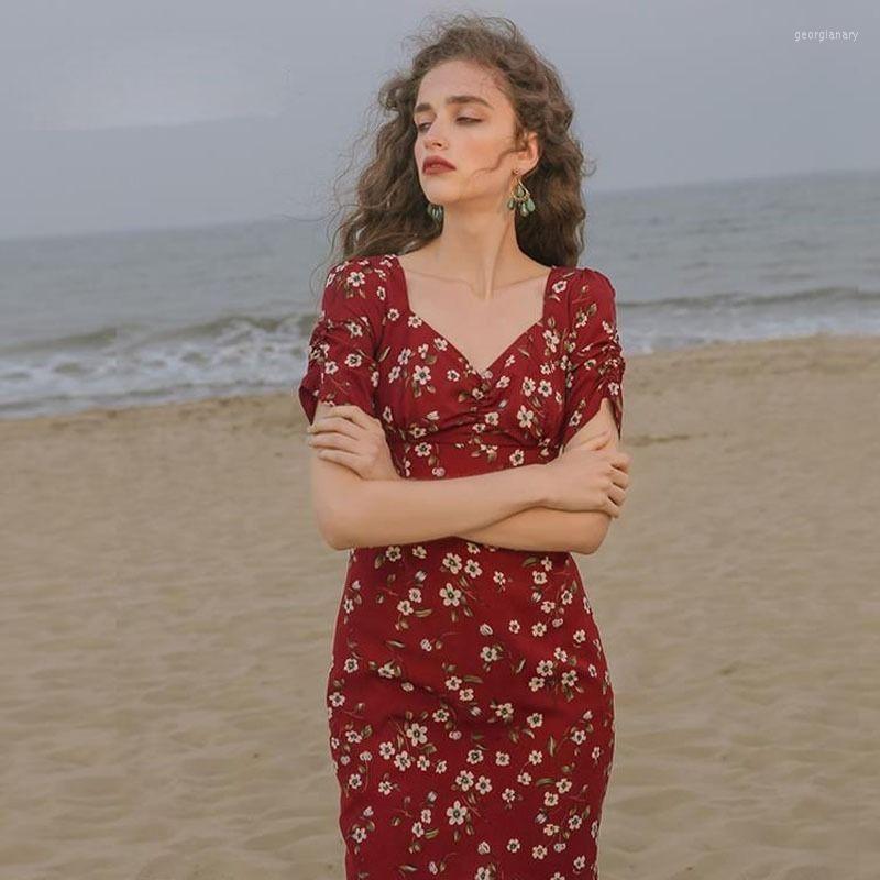 

Party Dresses Spring And Summer Red Retro Square Collar Floral Dress Women' Short Skirt Woman Vestido De Mujer Femme Robe, Picture shown