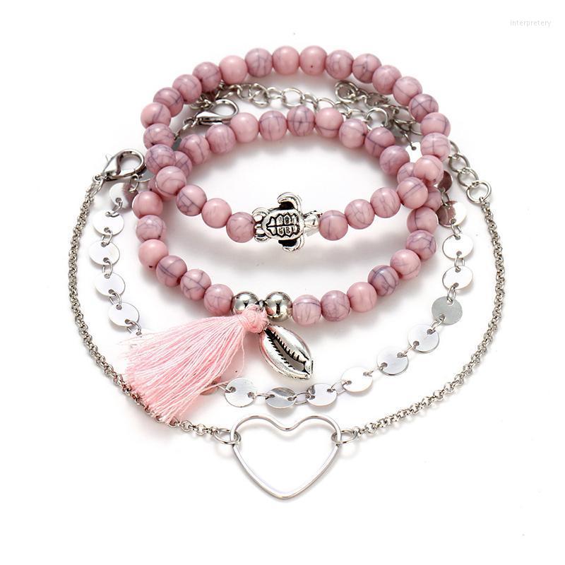 

Strand Beaded Strands ZV 4Pcs/set Multilayer Charm Bracelet For Women Girls Love Heart Tassel Crystal Fashion Bohemian Handmade String Rope