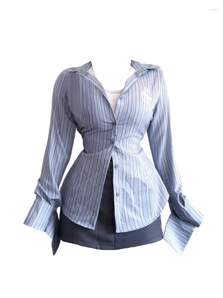 

Women' Blouses 2023 Women Spring Summer Striped Y2k Shirt Long Sleeve Slim Gyaru Blouse Preppy Style Korean Fashion 2000s Aesthetic Clothes, Blue