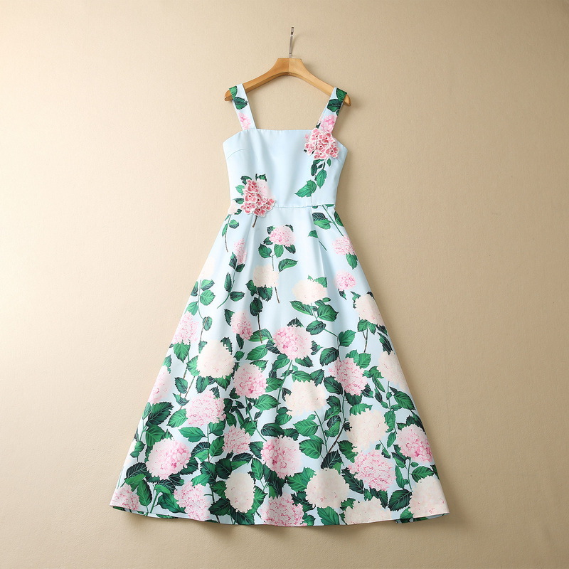 Casual Dresses European and American women's clothes 2023 spring new Suspender flower decoration Hydrangea print Fashion Dress