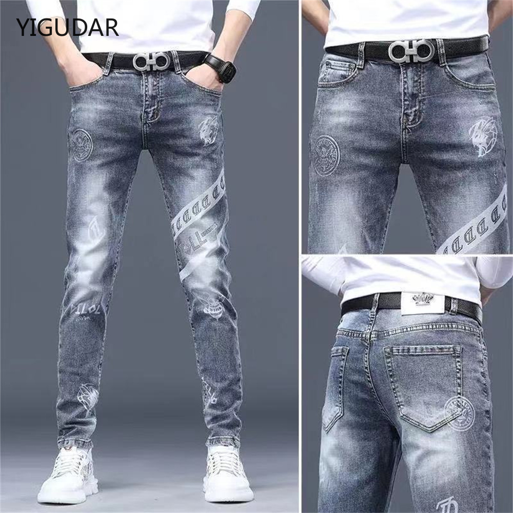 

Men's Jeans Mens stretch denim print pants jeans Korea slimming trendy casual allmatch light luxury men for 230217, Light blue