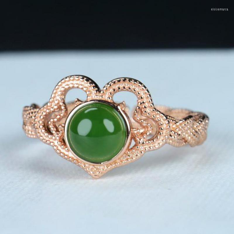 

Cluster Rings Natural Green Jade Ruyi Ring 925 Sterling Silver Hetian Jades Nephrite Hollow Rose Gold Adjustable Band Women Fine Jewelry