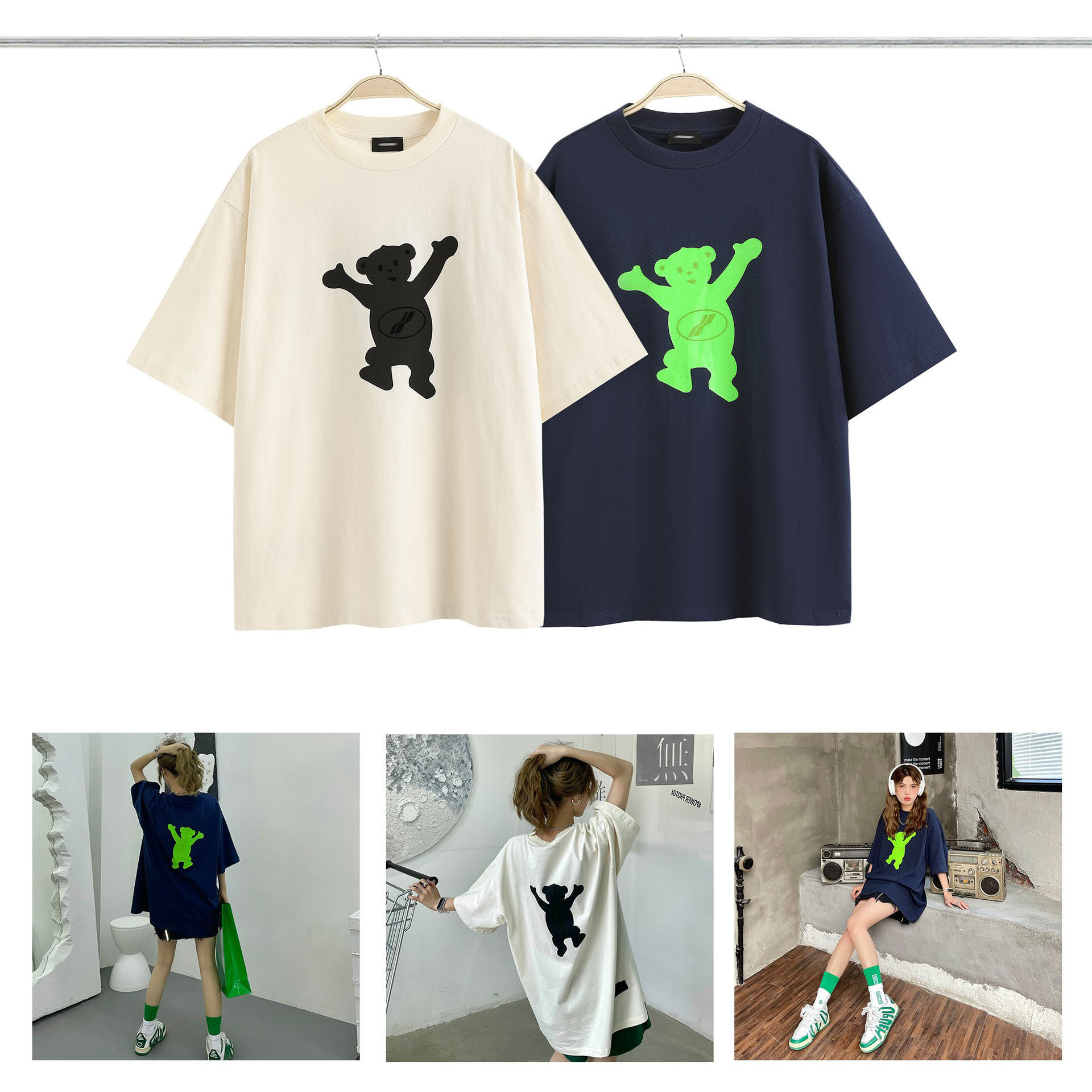 

We 11 Done T Shirt Men Women 2022 Summer Korean Fashion Tees Oversize Cotton Bear Flocking Print Short Sleeve T-Shirt Summer, Royal blue