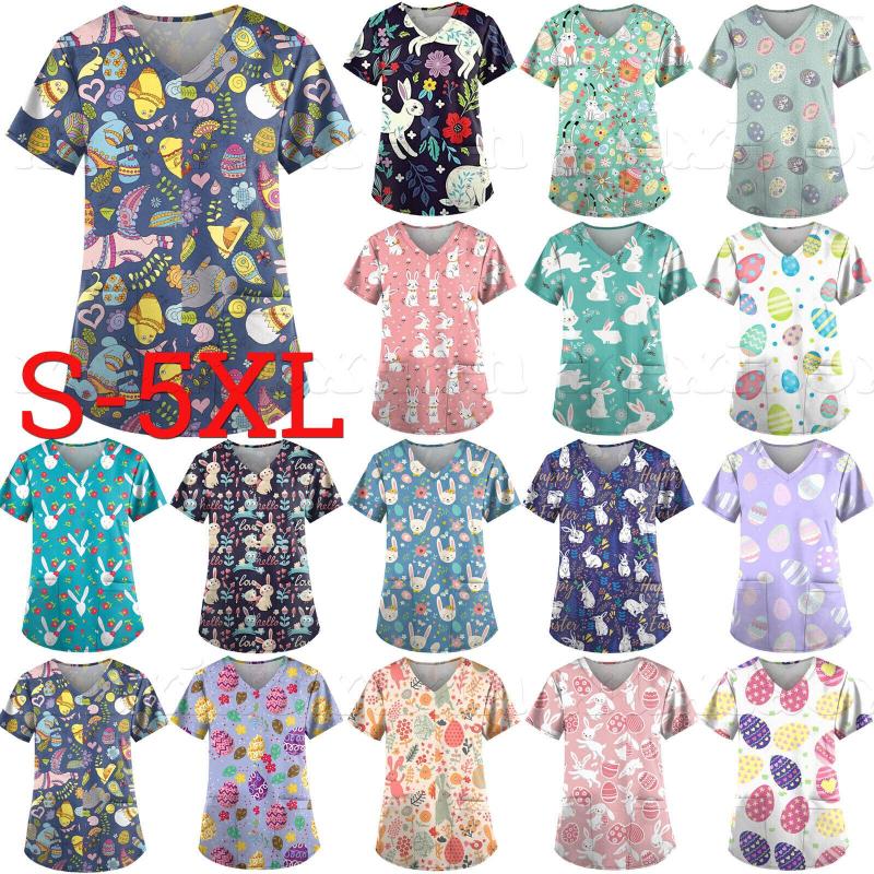 

Men' T Shirts Easter Women Blouse Pullover Top Shirt V-Neck Short Sleeve Nursing Uniform Scrub Pocket, Color 3