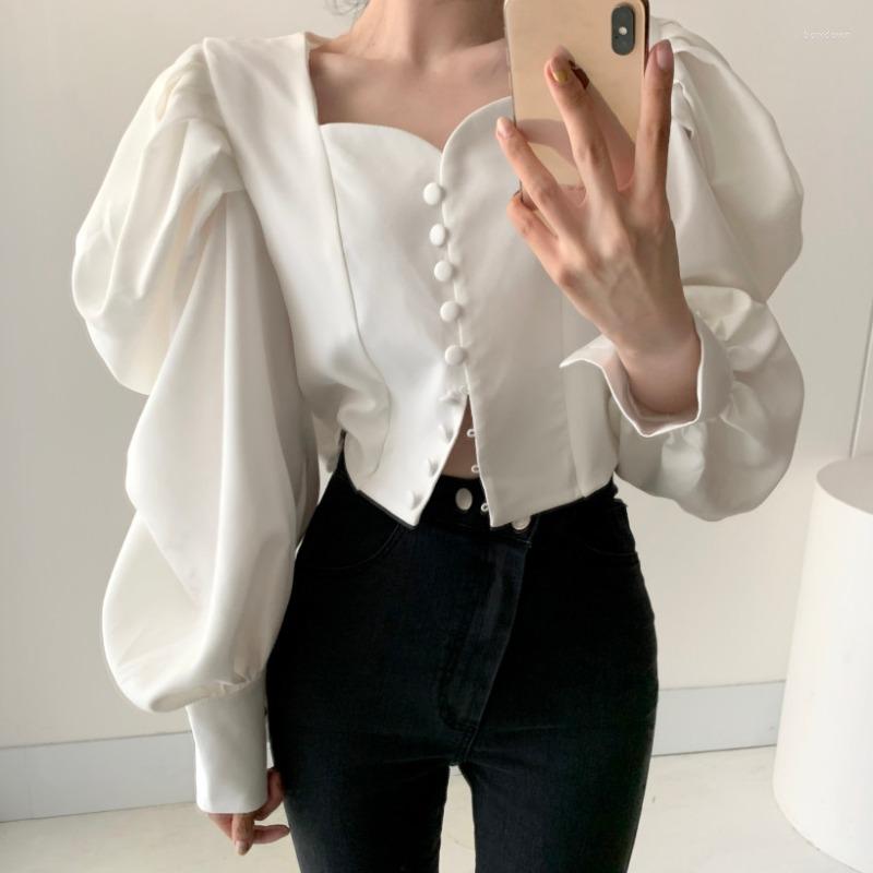 

Women's Blouses WDMSNA Fashion Square Neck Blouse Women Autumn Winter Puff Sleeve Ladies Shirt Single Breasted Blusas Femininas Elegantes, Black