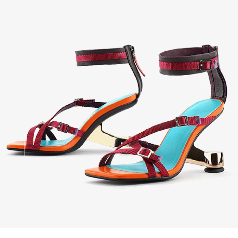 

Sandals Summer Fashion Metal Strange Heels Peep Toe Buckle Strap Cutout Mixed Colors Genuine Leather Women Modern Gladiator SandalsSandals, Purple