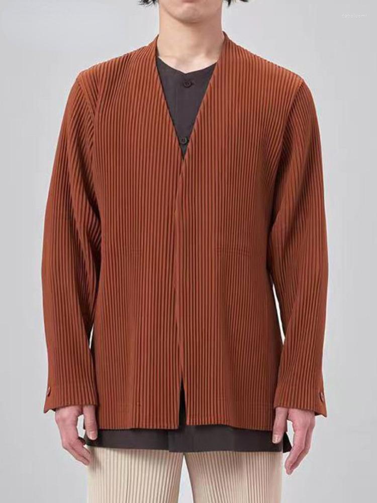 

Men's Jackets ZCSMLL Men's Pleated Clothing Long Sleeve Single-breasted V-neck Coat Split Cuff Japanese Streetwear Tops High Quality, Black