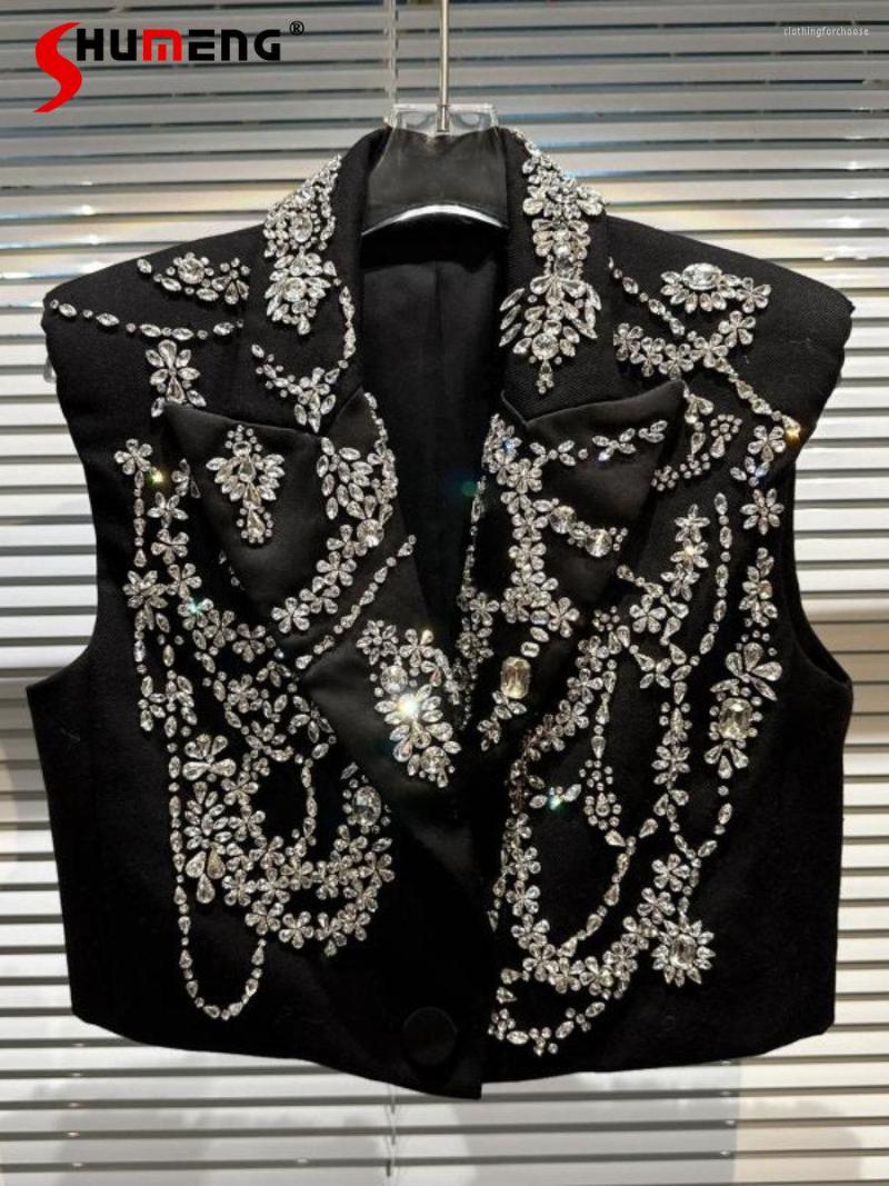

Women' Vests Spring Fashion Streetwear High-End Beaded Rhinestone Flower Waistcoat Women' Elegant Trendy Chic Padded Shoulder Suit, Black