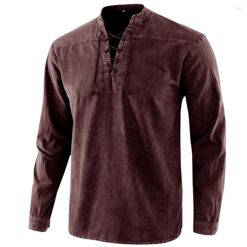 

Men's T Shirts Solid Color Shirt For Men Casual Long Sleeve Tees Tops Vintage Lace Up Stand Collar T-shirt Pullovers Mens Clothing, Wine red