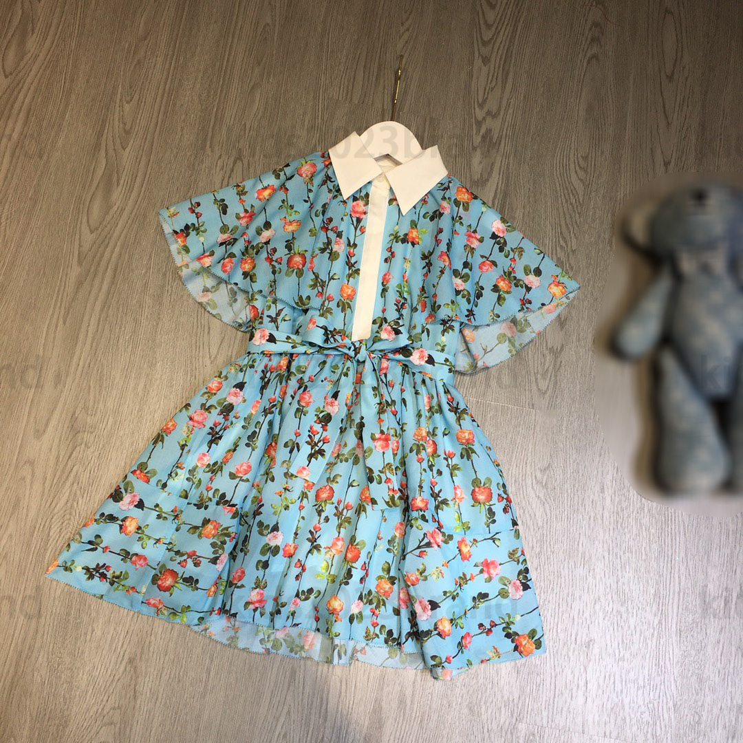 

blue cloak chiffon dresses rose print skirt high-end girls dresses summer princess dress brand designer kids pleated dress for girl 90-160cm fashion skirts for girls, 3#