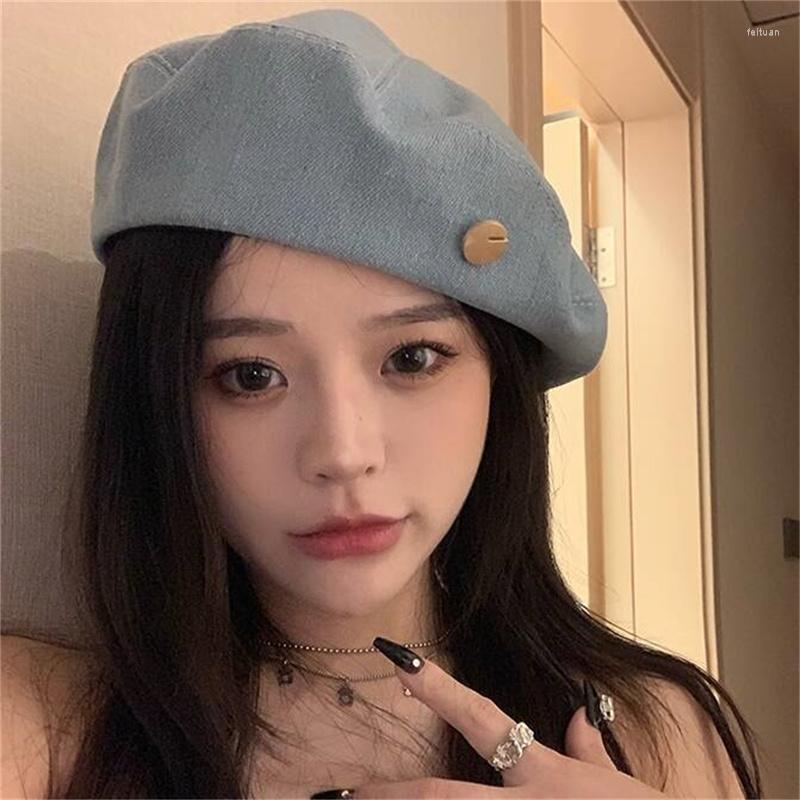 

Berets Denim Beret Hats Women Jeans Flat Cap Autumn High Quality Pure Versatile Showing Bee Bud Painter Hat, Dark blue