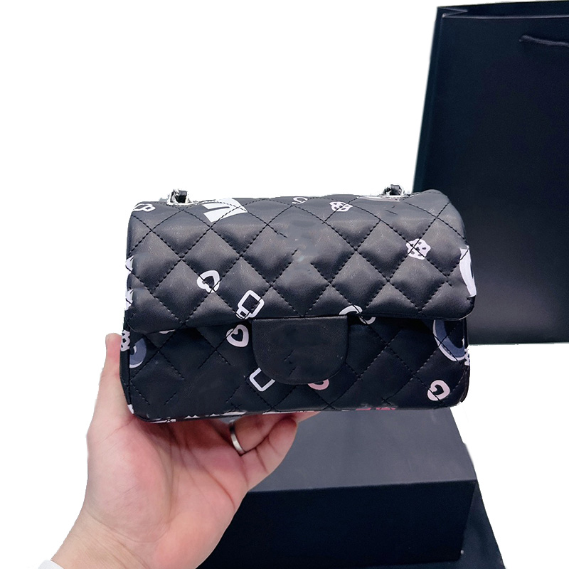 

Classic Cf Print Graffiti Mini Flap Shoulder Bag Fashion Quilted Matelasse Adjustable Chain Women Crossbody Handbags Luxury Designer Bag Multi Pochette Clutch, Black 18cm