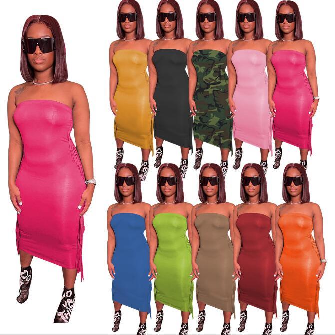 

Casual Dresses Woman Off Shoulder Midi Dress Solid Color Camouflage Sleeveless Tassel Bodycon S-2XL 10ColorCasual