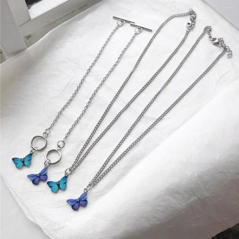 

Chains Korean Fashion Butterfly Pendant Necklace Chain For Women Sliver Blue Cute Statement Bracelet Jewelry Gift Drop