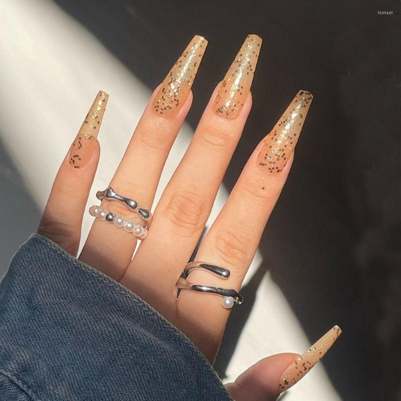 

False Nails 24pcs Detachable Press On Line Pink Butterfly French LongBallerina Glitter, D-86