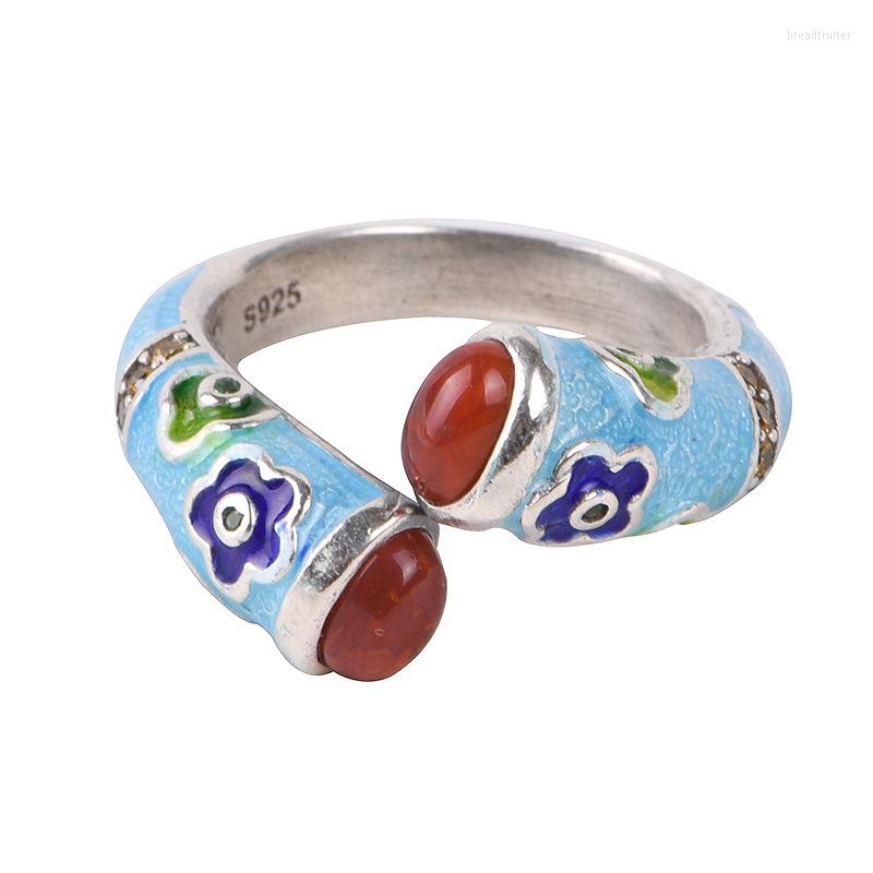 

Cluster Rings S925 Pure Silver Jewelry Fashionable Ethnic Style 925 Gold-plated Burnt Blue With Red Agate Auspicious Cloud Woman Ring