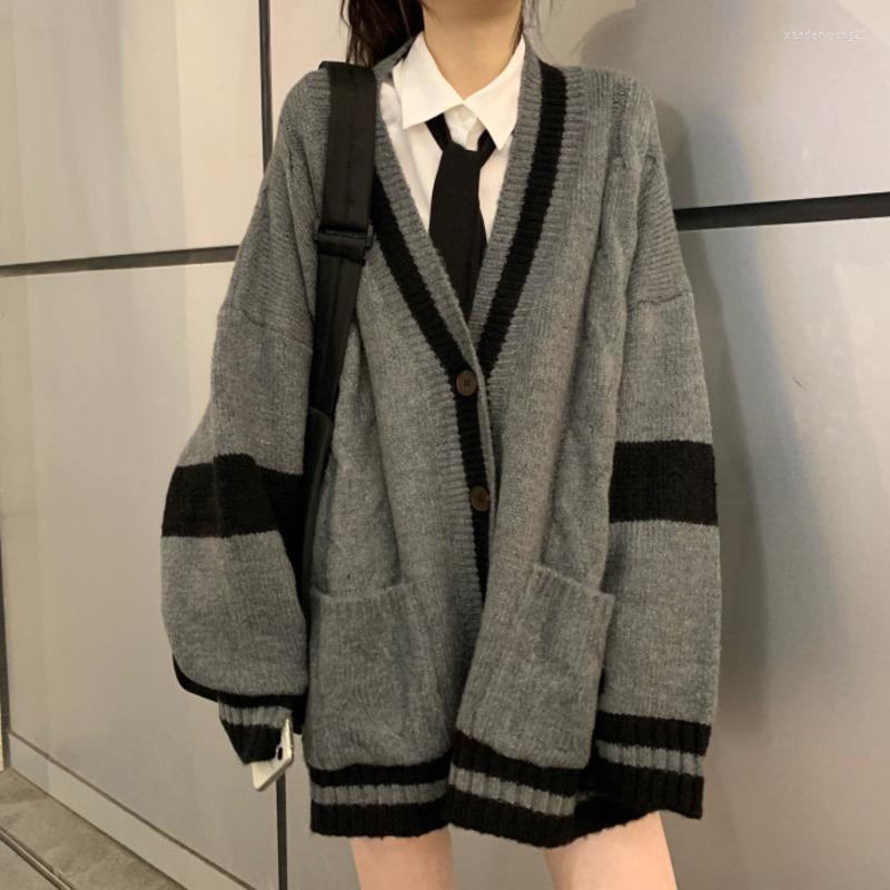

Women's Knits Casual Oversized Knitted Cardigan Women Fashion Single Breasted V-Neck Korean Long Sleeve Loose Streetwear Sweater Coats, Gray
