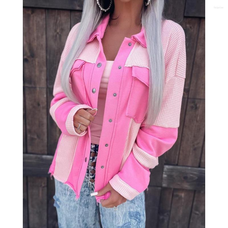 

Women' Sweaters Autumn Winter Women Patchwork Button Front Long Sleeve Shacket Casual Streetwear Shirts Lounge Daily Wear Clothes, Pink