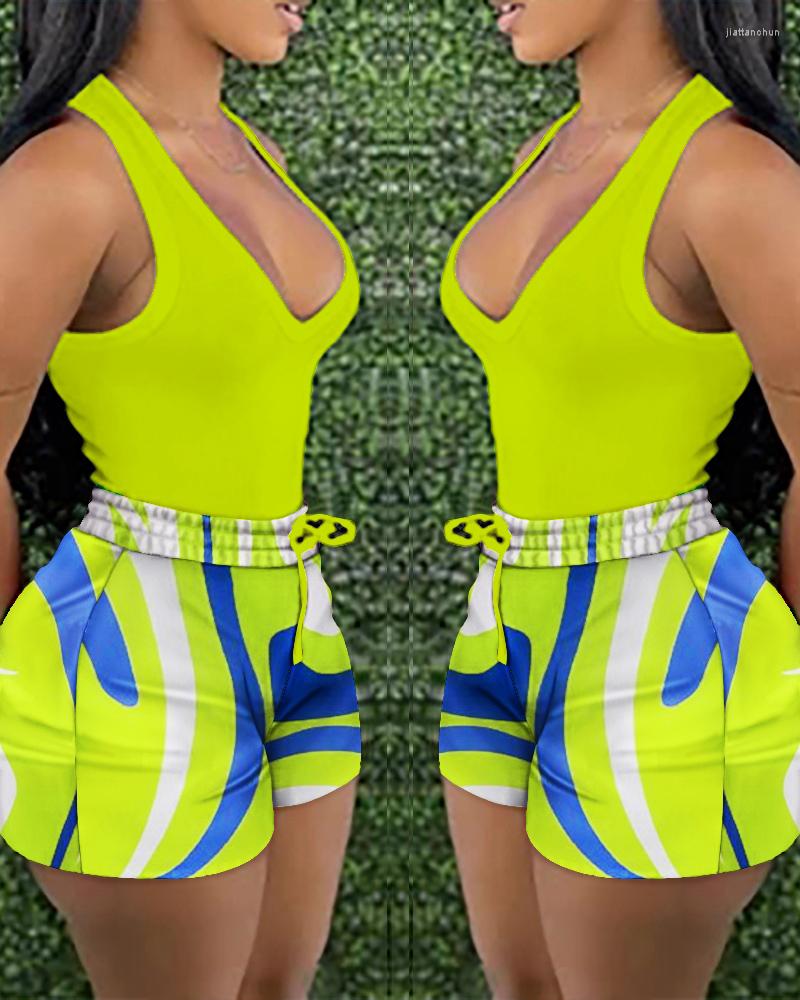 

Women' Tracksuits Summer Women Two Pieces Set 2023 Femme Casual Solid Sleeveless Tank Top & All Over Print Drawstring Shorts Lady, Yellow