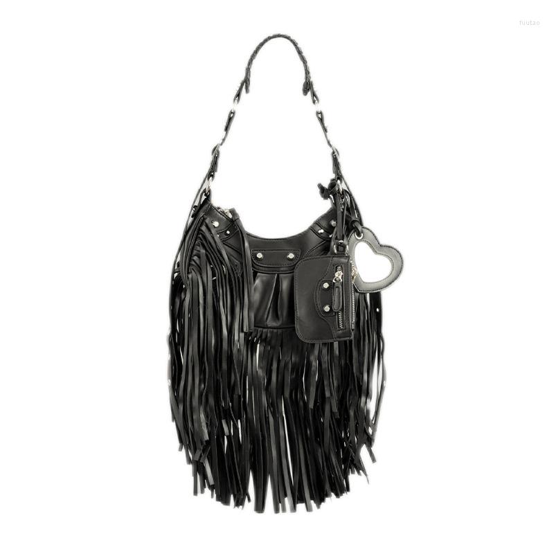 

Evening Bags European And American Retro Double-sided Tassel Shoulder Bag Female Niche Soft PU Rivet Underarm Fashion Trend Messenger, Black